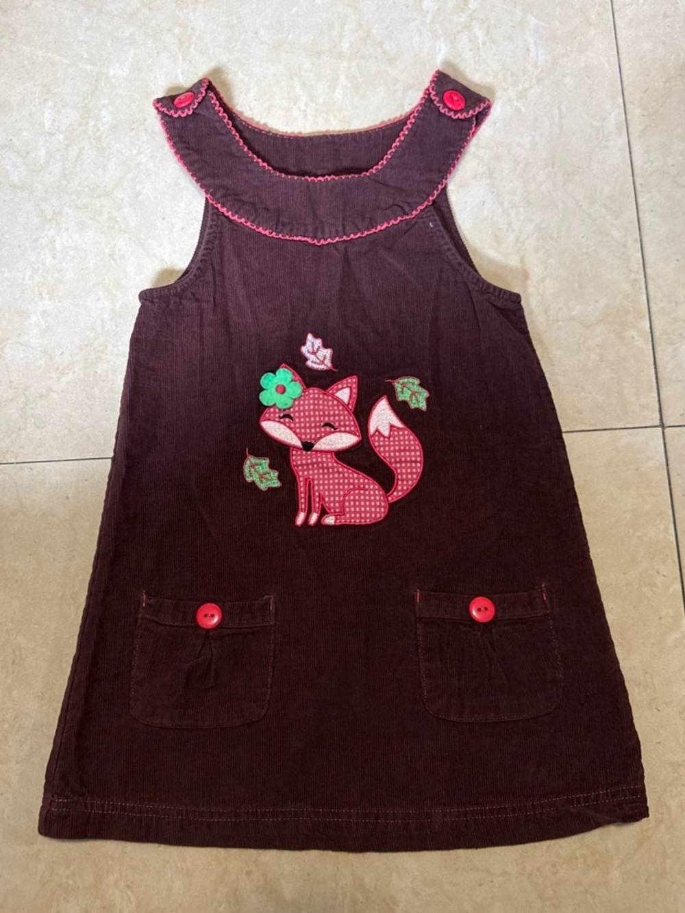 Girls Brown Corduroy Fox Appliqué Pinafore Dress with Pink Accents